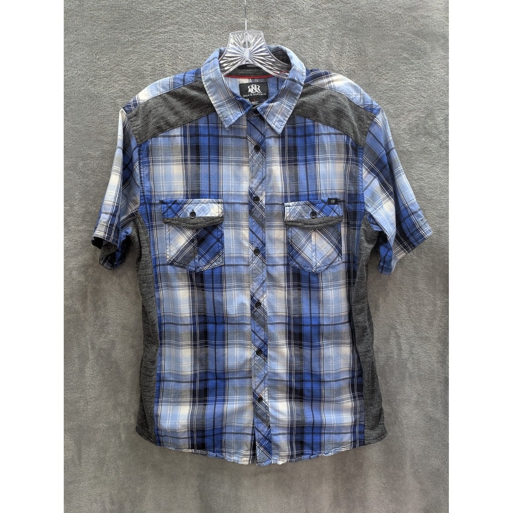 Plaid Button Up Shirt Men's‎ Large Polyester Stretch Panels Modern Grunge Skater